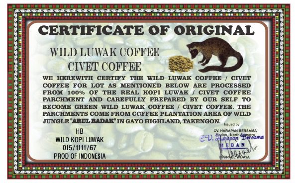 Certificate of Wild Luwak Coffee